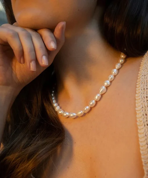 Baroque Hand Knotted Pearl Necklace Silver