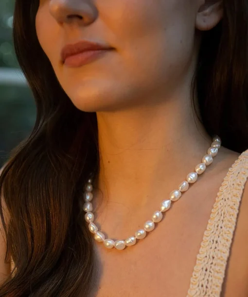 Baroque Hand Knotted Pearl Necklace Silver