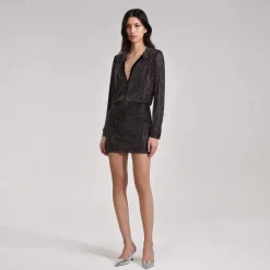Black Rhinestone Mini Shirt Dress