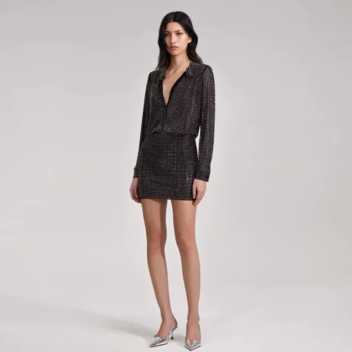 Black Rhinestone Mini Shirt Dress