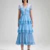 Blue Chiffon Tiered V Neck Dress