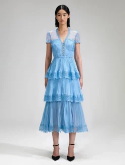 Blue Chiffon Tiered V Neck Dress