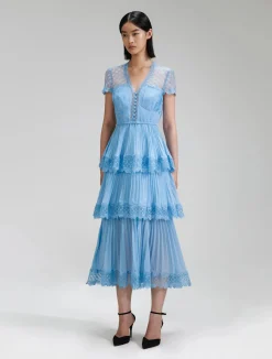 Blue Chiffon Tiered V Neck Dress