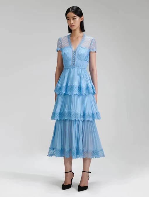 Blue Chiffon Tiered V Neck Dress