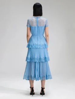 Blue Chiffon Tiered V Neck Dress