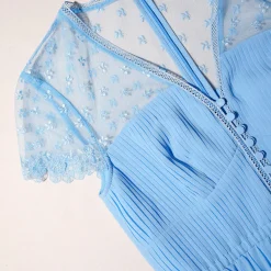 Blue Chiffon Tiered V Neck Dress