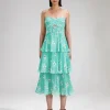 Blue Floral Tiered Chiffon Midi Dress