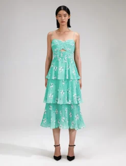 Blue Floral Tiered Chiffon Midi Dress