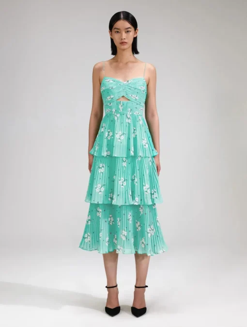 Blue Floral Tiered Chiffon Midi Dress