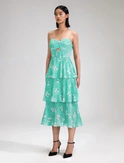 Blue Floral Tiered Chiffon Midi Dress