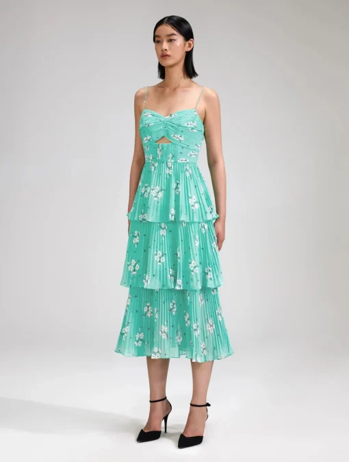 Blue Floral Tiered Chiffon Midi Dress