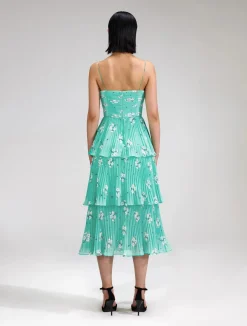 Blue Floral Tiered Chiffon Midi Dress