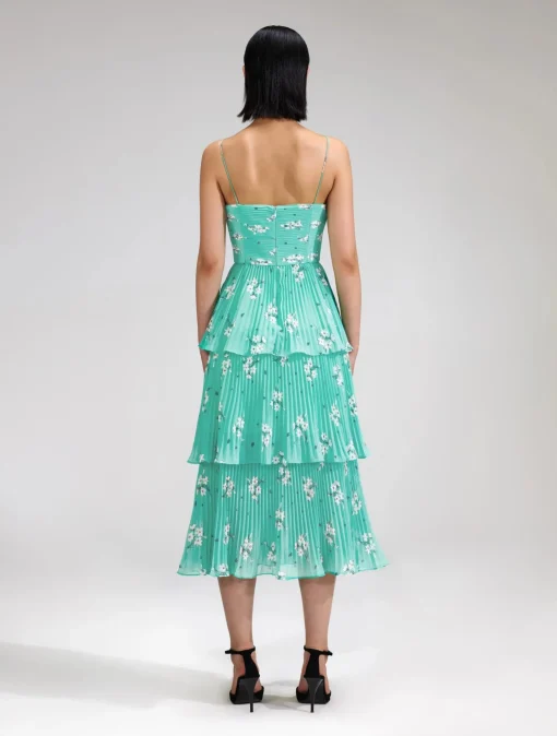 Blue Floral Tiered Chiffon Midi Dress