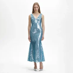 Blue Sequin V-Neck Maxi Dress
