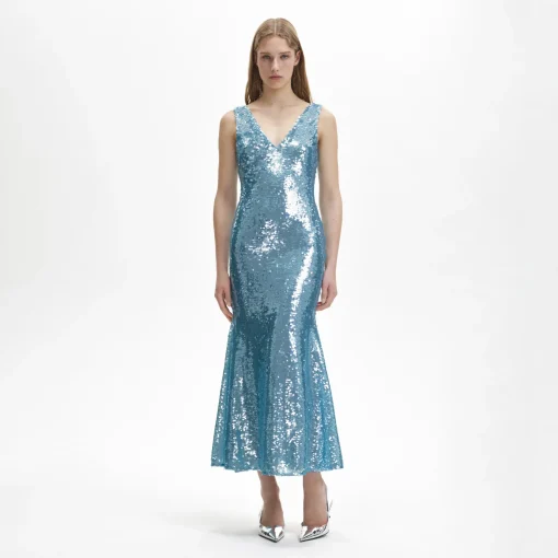 Blue Sequin V-Neck Maxi Dress