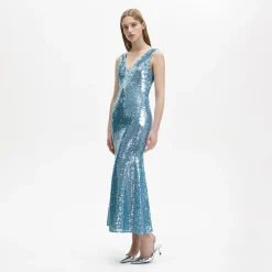 Blue Sequin V-Neck Maxi Dress