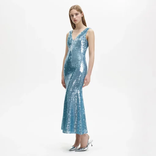 Blue Sequin V-Neck Maxi Dress