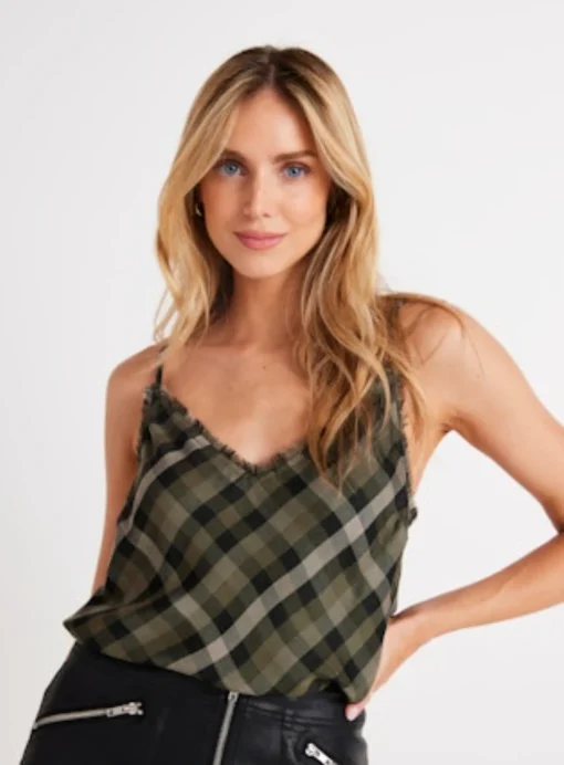 Frayed Edge Camisole Olive Plaid