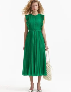 Green Chiffon Sleeveless Ruffle Midi Dress