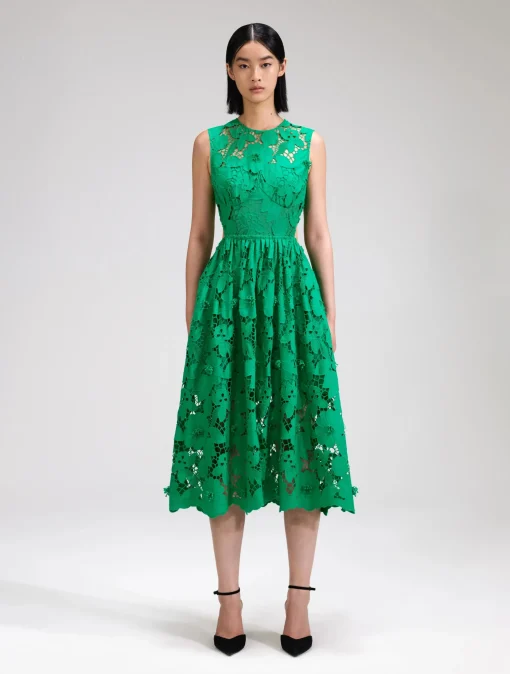 Green 3D Cotton Lace Midi Dress