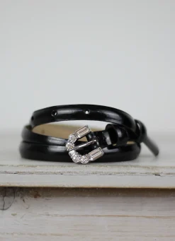 Leather Belt Black/Nickel Patent Jewelled