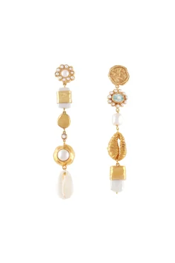 Long Mismatched Earrings With Pearls & Seashells