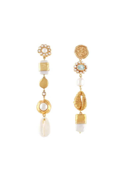 Long Mismatched Earrings With Pearls & Seashells