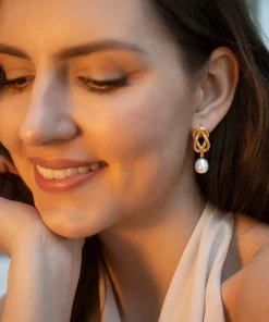 Love Knot Pearl Drop Earrings Gold