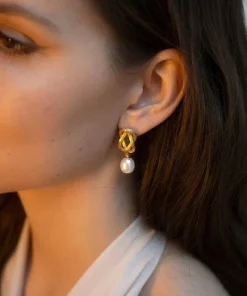 Love Knot Pearl Drop Earrings Gold