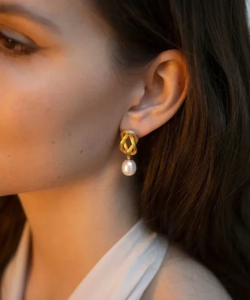 Love Knot Pearl Drop Earrings Gold