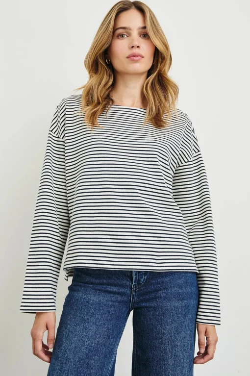 Macy Top Ivory Navy Micro Stripe