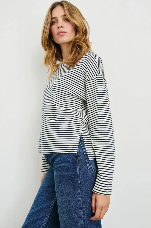 Macy Top Ivory Navy Micro Stripe