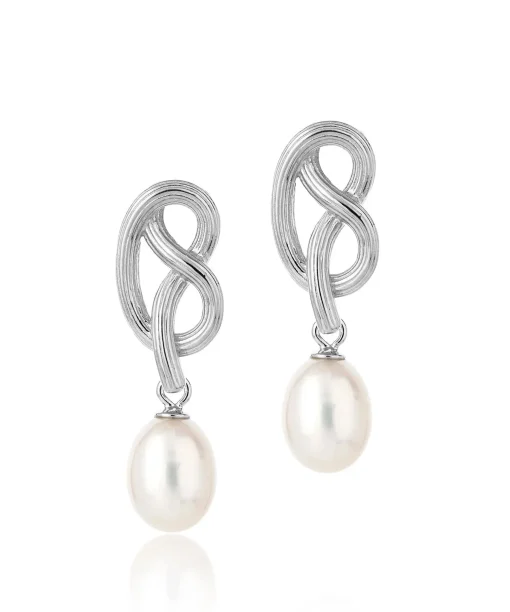 Medium Love Knot Pearl Drop Earrings Silver