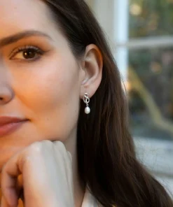 Medium Love Knot Pearl Drop Earrings Silver