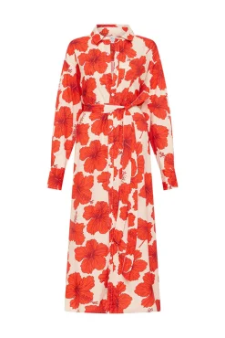 Olive Shirt Dress Red Hibiscus