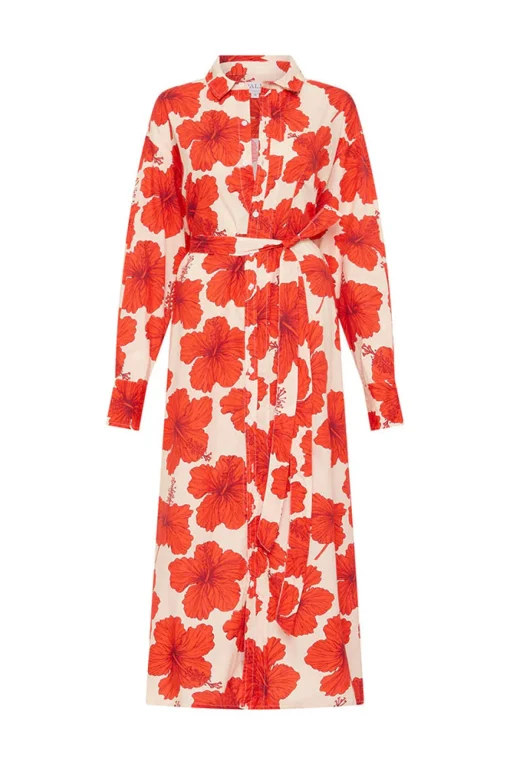 Olive Shirt Dress Red Hibiscus