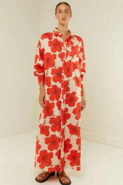 Olive Shirt Dress Red Hibiscus