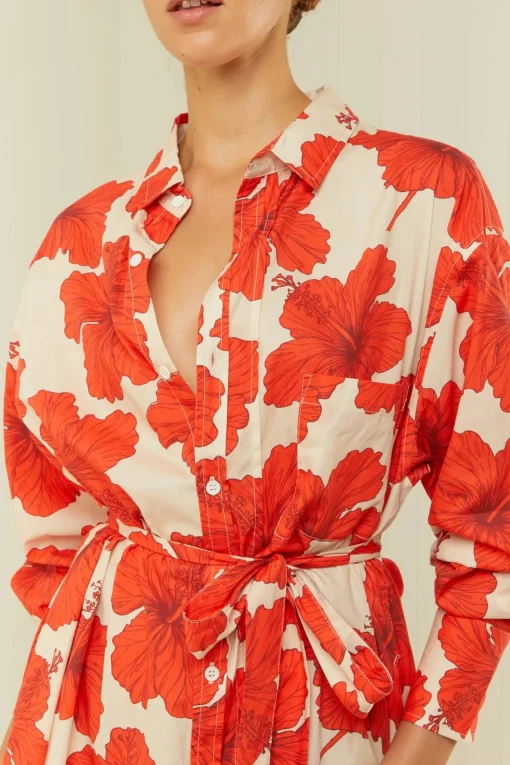 Olive Shirt Dress Red Hibiscus