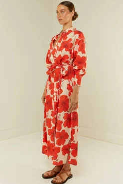Olive Shirt Dress Red Hibiscus