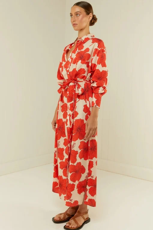 Olive Shirt Dress Red Hibiscus