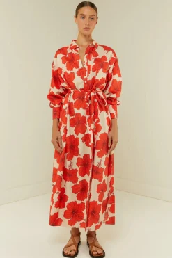 Olive Shirt Dress Red Hibiscus