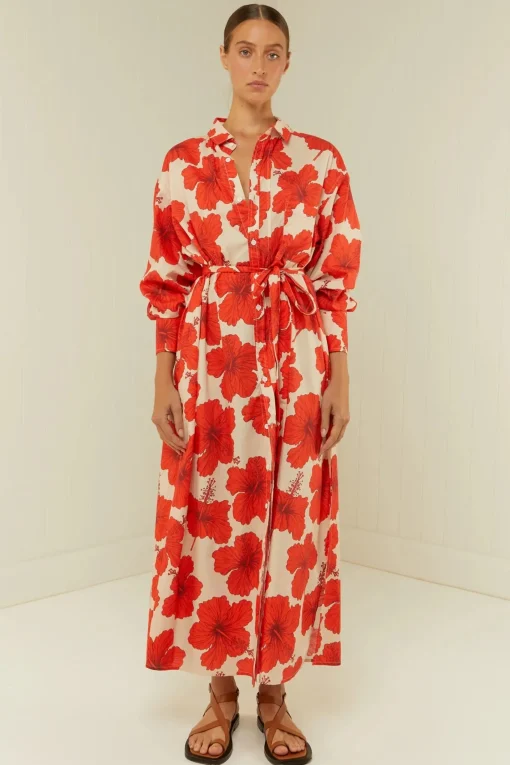 Olive Shirt Dress Red Hibiscus