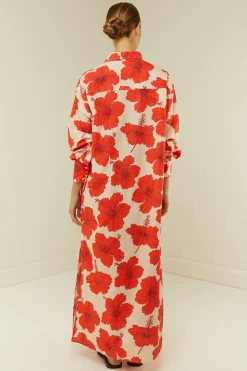 Olive Shirt Dress Red Hibiscus