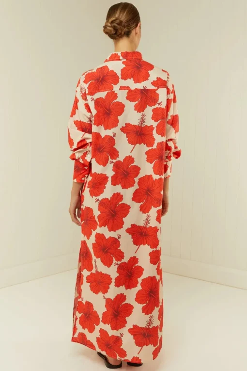 Olive Shirt Dress Red Hibiscus