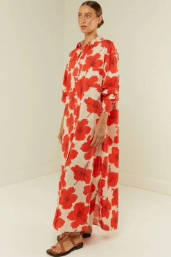 Olive Shirt Dress Red Hibiscus