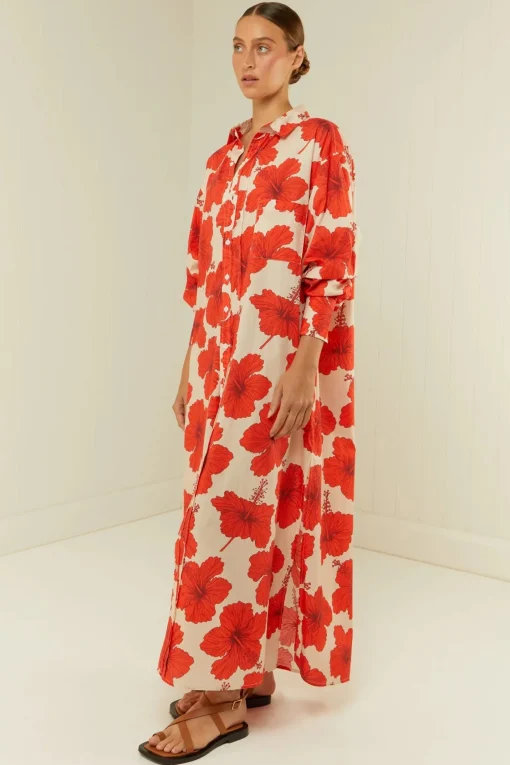Olive Shirt Dress Red Hibiscus